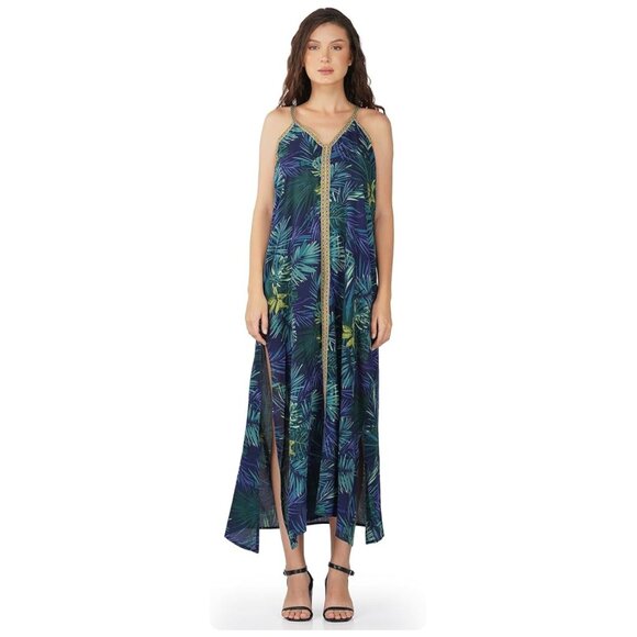 America & Beyond Tropical Palm Leaf Sleeveless Double Slit Beach Dress sz xs - Picture 2 of 10